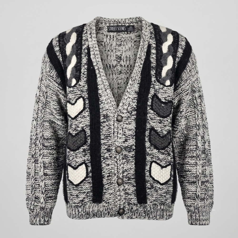 Street Scenes Mens XL Grey Black Cardigan Sweater‎ Vintage Chunky Knit Geometric